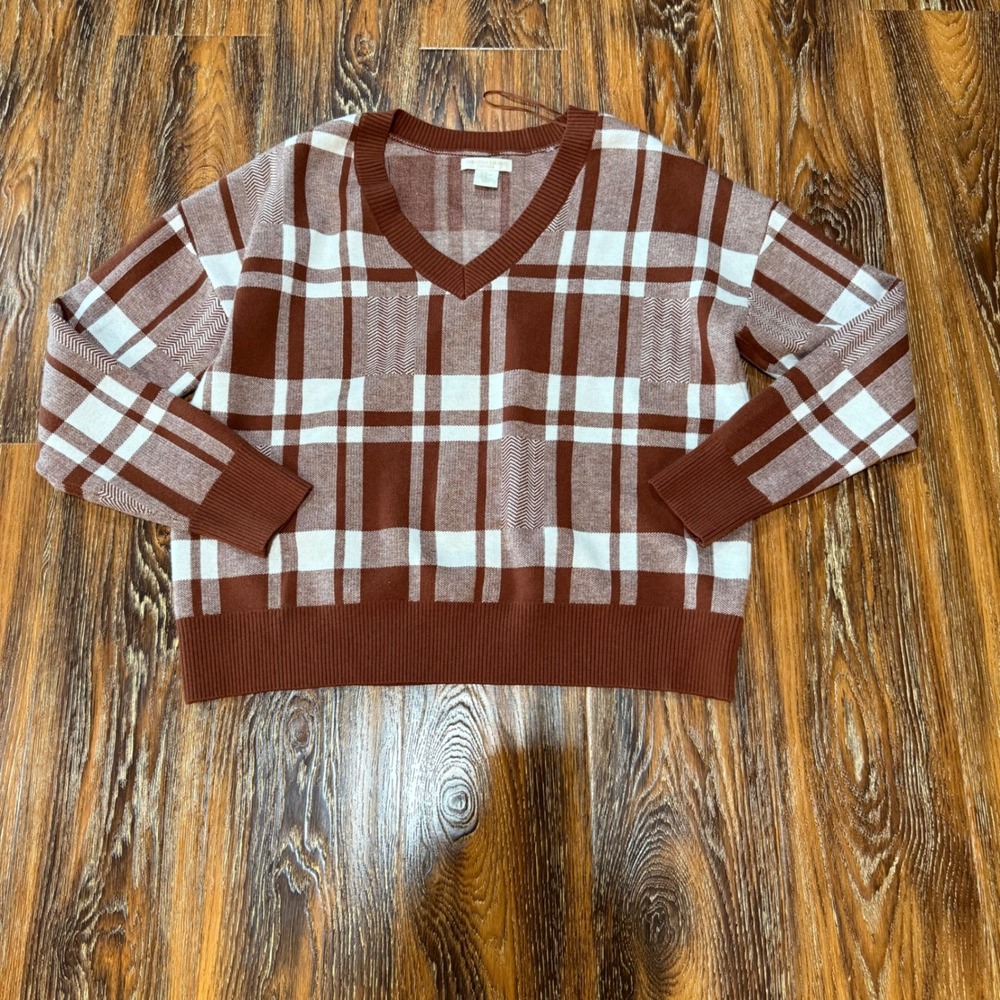 Christian Siriano New York Womens XL Plaid Herringbone VNeck Sweater Brown Cream